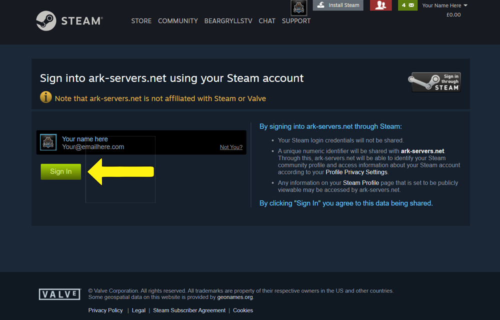 ark servers signin